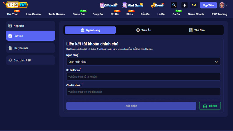 Lựa chọn 1 trong các hình thức rút tiền tại Tin88