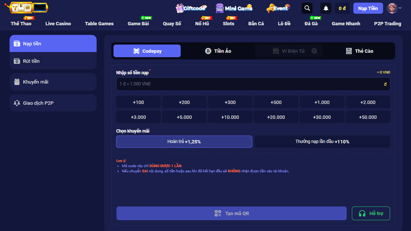 Nạp tiền tràn vi qua Codepay Banking