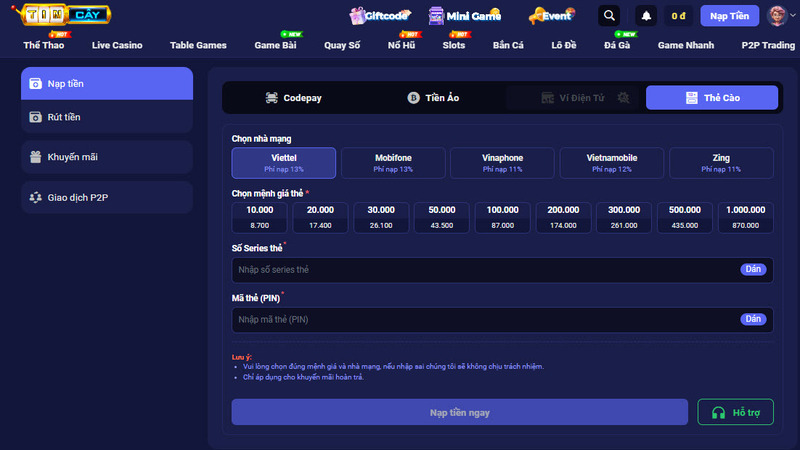 Nạp số vốn nhỏ thông qua thẻ cào điện thoại